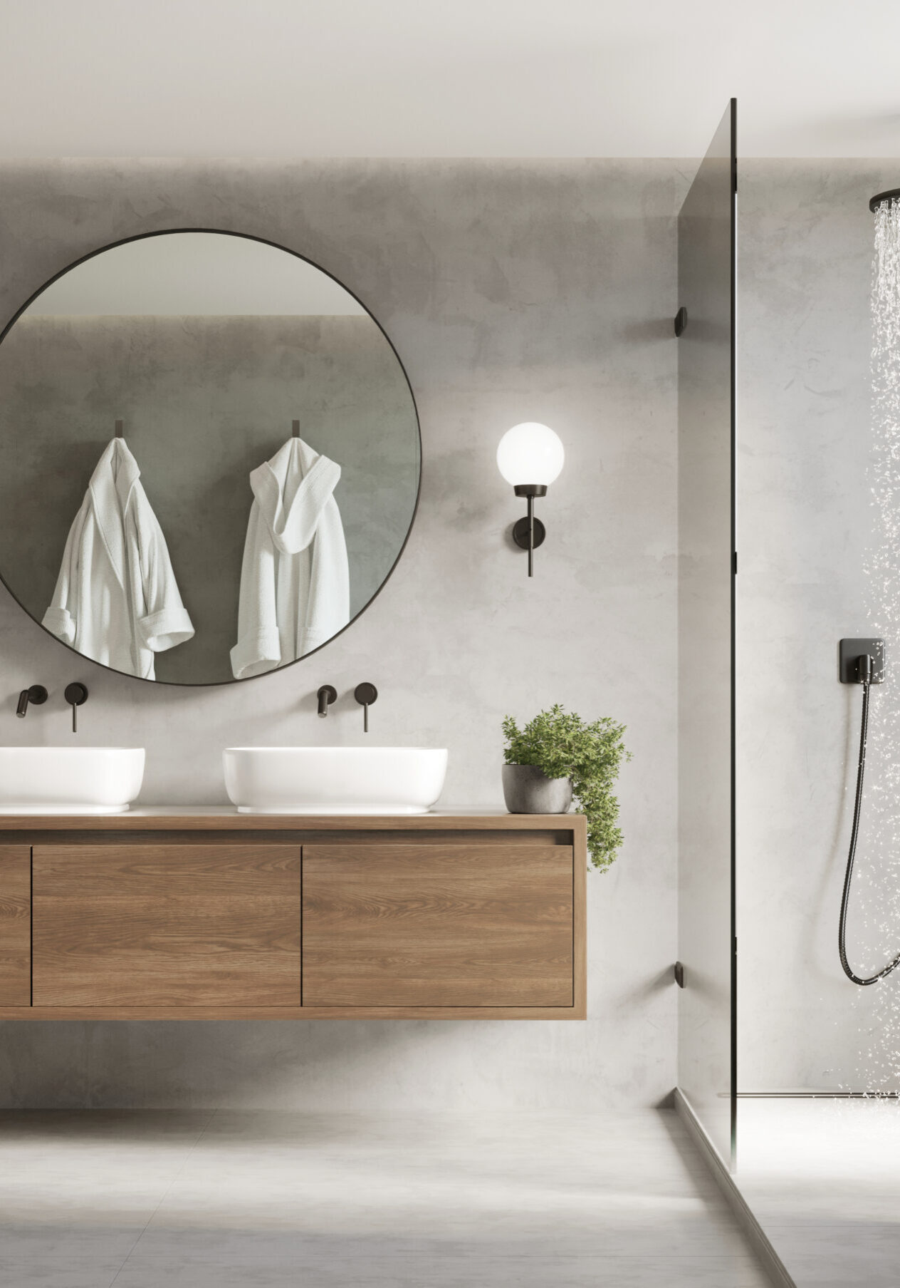 3d modern contemporary grey concrete bathroom with round mirror 3d modern contemporary grey concrete bathroom with round mirror